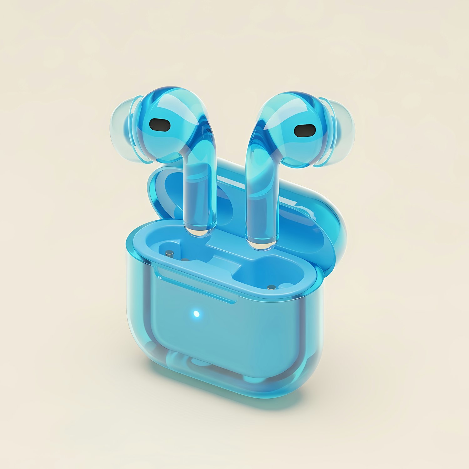 Translucent blue wireless earbuds floating above their charging case